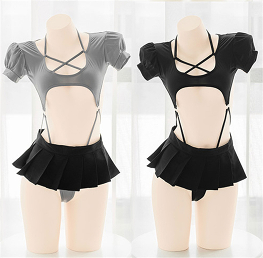 Anime Cosplay Duo - Anime Student Puff Sleeve Black One-piece