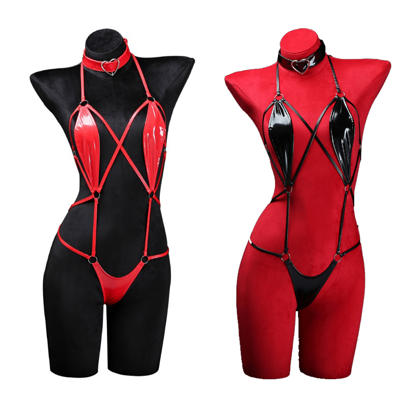 Anime Cosplay Duo - Anime Cosplay Girls Halter Leather Swimsuit