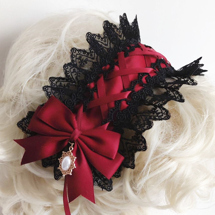 Red Dark Gothic Lolita Lace Ha - Anime Cosplay Girl With Black Hair ulasan dan harga